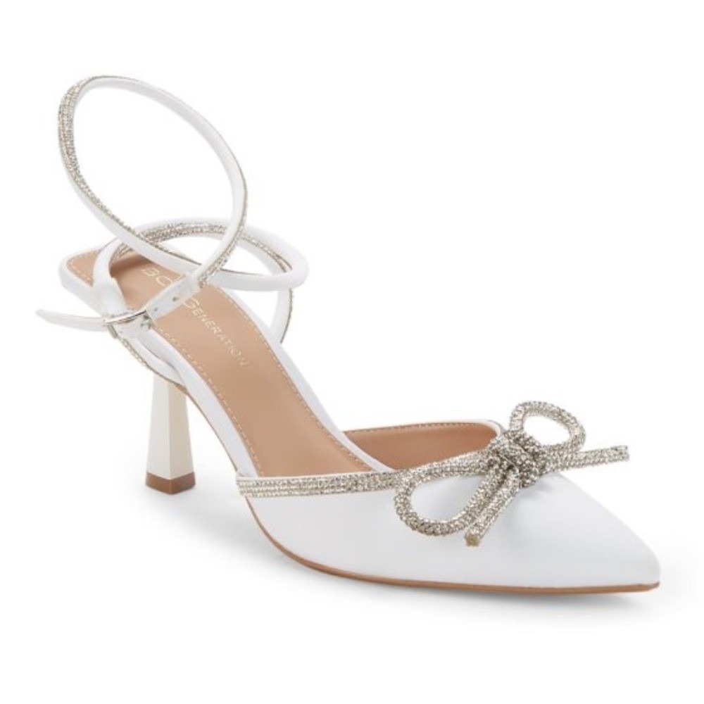 BCBGeneration | Ildy Embellished White Rhinestone Bow‎ Ankle Point Toe Pumps, 10